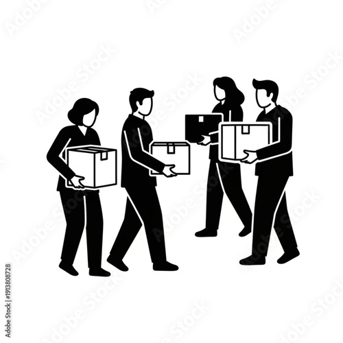 Group of office workers carrying boxes and files.