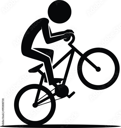 A black silhouette of a person performs a dynamic bicycle stunt with the rear wheel lifted high