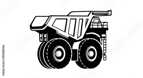 Black and white illustration of a large mining dump truck.