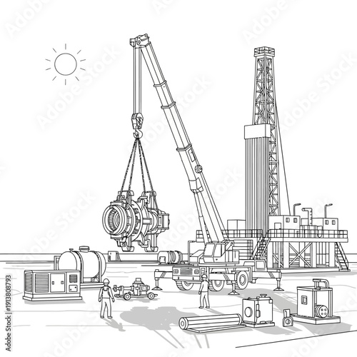 Heavy machinery lifting large industrial equipment at oil rig site.