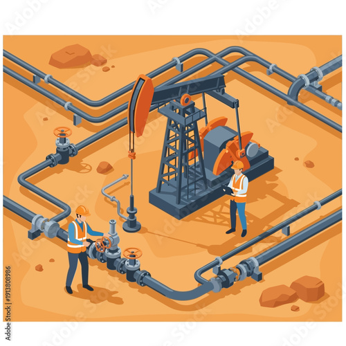 Oil Pumpjack and Workers in Industrial Oil Field Setting.