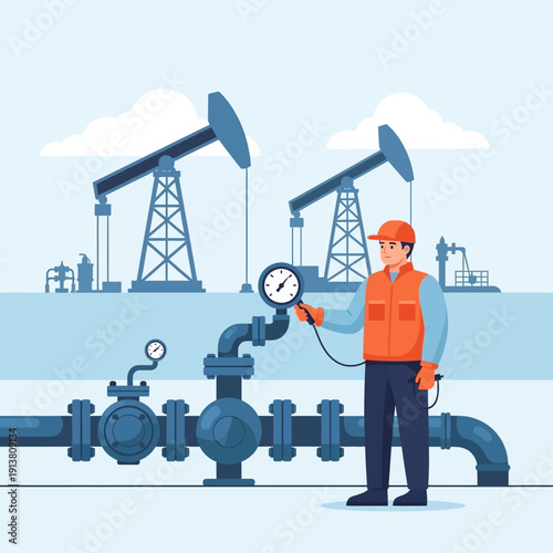 Oil worker checks pressure gauge on pipeline at oil field.