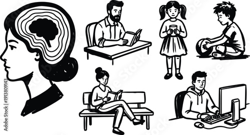 Line art profile with visible brain and small scenes of reading playing and working showing cognitive activities in calm mood