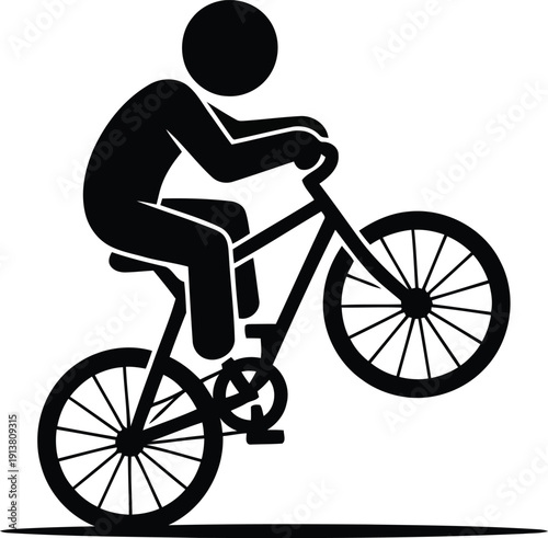 A black stick figure balances a bicycle on its rear wheel performing an impressive wheelie stunt