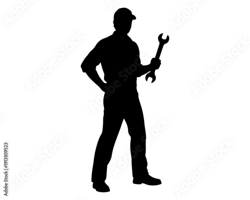 Male Worker Mechanic Silhouette Holding Wrench Tool on White Background