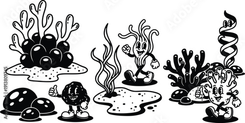 Retro cartoon nineties smiling sea creatures coral seaweed characters giving thumbs up among rocks and sponges black and white ink