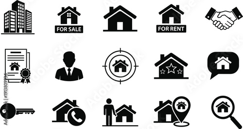 Real Estate Icon Set Featuring House For Sale Rent Handshake Agent Contract And Property Search Symbols For Professional Business Marketing Design