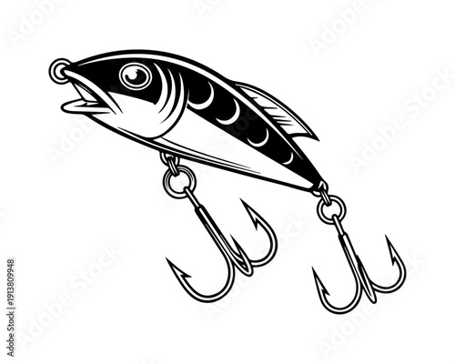 Black and White Fishing Lure Illustration with Treble Hooks - Angling Equipment Graphic