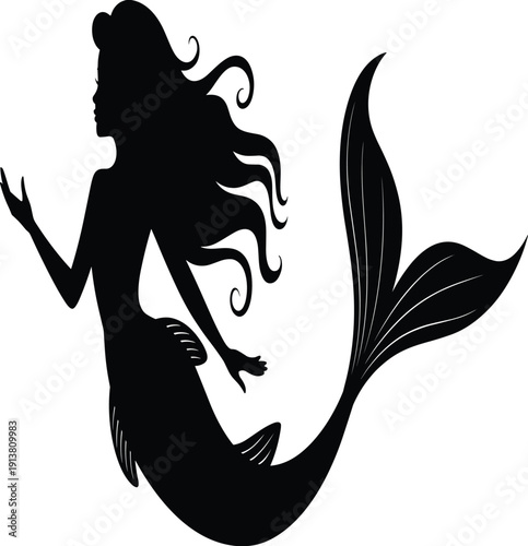 Black silhouette of a mermaid with flowing hair and tail