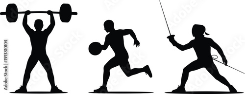 A collection of athletes representing various sports including intense weightlifting basketball and fencing duels