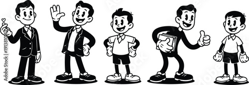 Retro cartoon lineup showing five vintage school and businessman characters smiling waving holding book and heart in black white