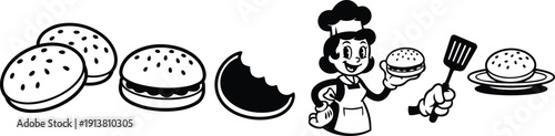 Retro cartoon mascot chef holding bitten burger and spatula close up sesame bun icons row black and white vector illustration