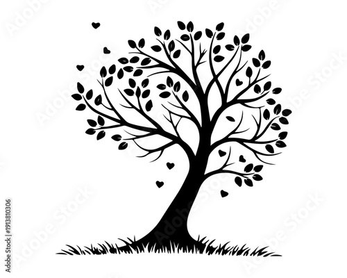 Black Silhouette Tree of Love with Floating Hearts and Leaves Isolated Vector
