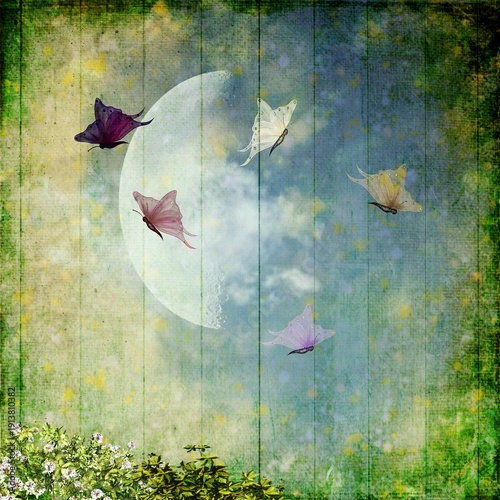 Vintage grunge wallpaper design featuring pink poppy floral illustrations on a distressed paper texture for retro scrapbook art