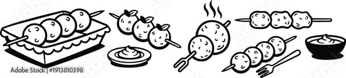 Line art vector top view skewered meatballs with dipping sauce tray and forks close up simple minimalist food illustration black
