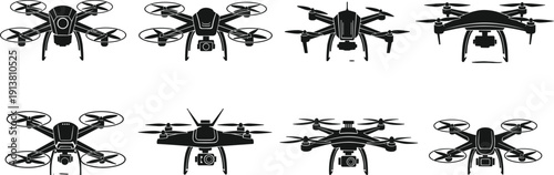 Drone silhouette set, quadcopter icons collection, aerial vehicle technology, remote control aircraft, uav delivery system, camera drone vector, flying robot.