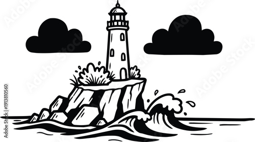 Line art lighthouse on rocky island with crashing waves two clouds side view coastal beacon black white vector minimal ink