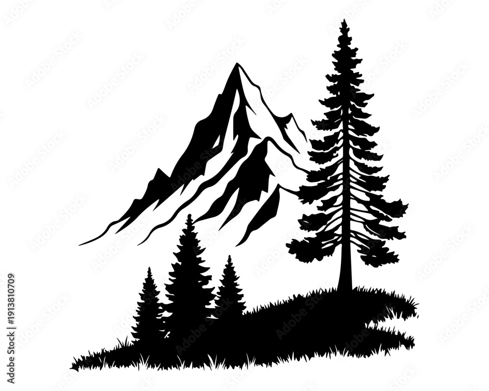 Obraz premium Black and White Mountain and Pine Tree Nature Silhouette Illustration