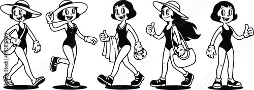 Vintage cartoon rubber hose girl in black swimsuit walking running and posing with sun hat tote bag giving thumbs up