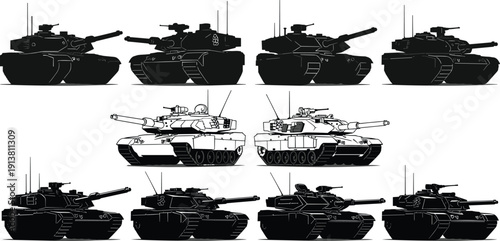 Military tank silhouettes set, armored vehicle collection for army warfare design, battle tank icons, heavy weapon machinery, combat vehicle vector illustration.