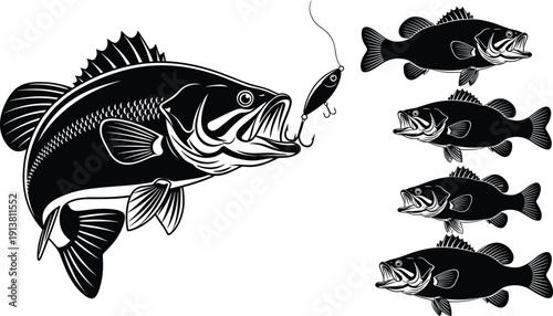 Large mouth bass fishing vector set, fish jumping for lure, freshwater game fish silhouettes, angling hobby icons, lake wildlife collection,