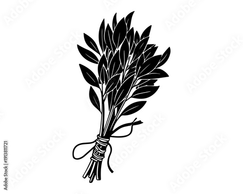 Black and White Hand-Drawn Silhouette of Tied Herb Bundle or Sage Smudge Stick
