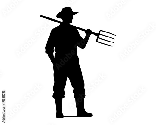 Farmer or agricultural worker silhouette holding a pitchfork, isolated on white.