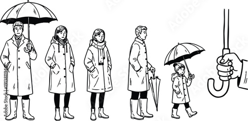 Line art front view adults and child holding umbrellas standing in a row winter coats boots minimalist black and white