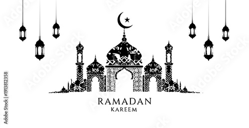 Minimal Islamic mosque outline vector with Ramadan Kareem greeting isolated on white