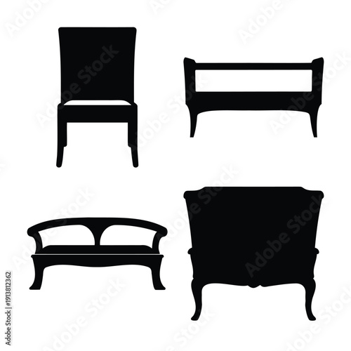 Classic furniture silhouettes collection featuring a chair, daybed, loveseat, and ornate cabinet