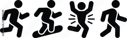 A collection of four black human figures illustrating running snowboarding joyful jumping and strolling