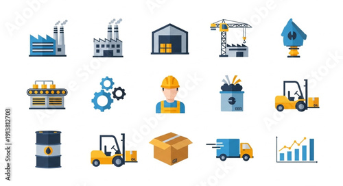 Industrial icons set factory building crane forklift truck and oil barrel.