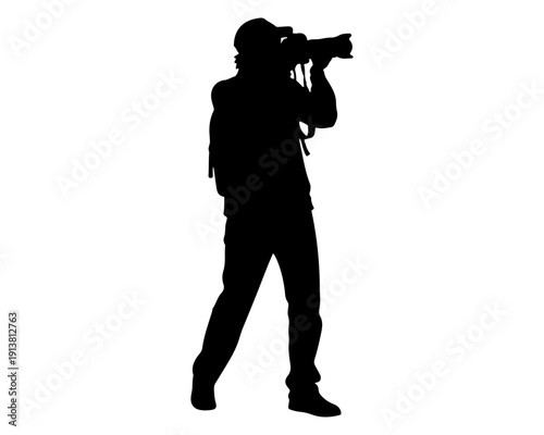 Photographer Silhouette with Professional Camera Isolated on White Background