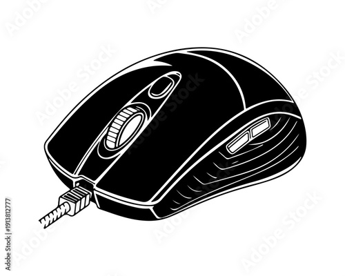 Detailed black silhouette drawing of a wired gaming PC mouse peripheral