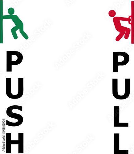 Push and pull door signs with simple vector figures clear instructions for entry and exit isolated on white background 