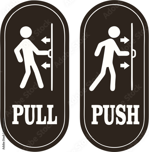 Push and pull door signs simple pictogram icons for business and public spaces clear directional instructions for entry and exit vector illustration