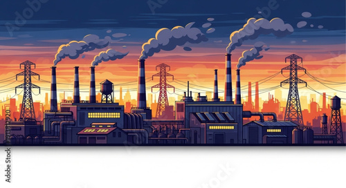 Industrial factory with smoking chimneys and power lines at sunset.