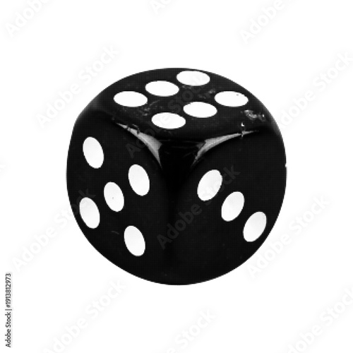 Black and white halftone illustration of dice cube isolated on white background. Gambling, casino game, luck and probability concept in retro monochrome style.