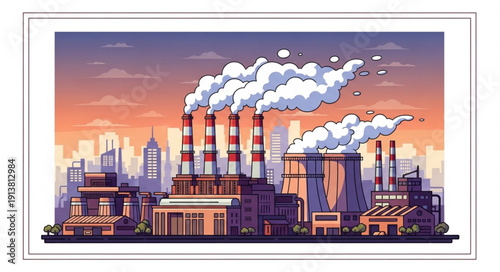 Industrial factory with smoking chimneys in a city.