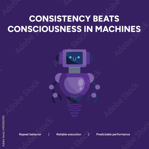 Cute purple robot with smiley face symbolizes AI consistency, reliable execution, and predictable performance in machines.