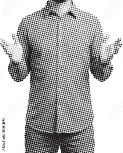 Halftone illustration of man with hands up in questioning gesture
