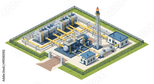 Industrial Gas Processing Plant with Pipelines and Flare Stack.