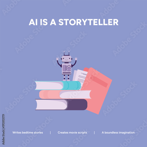 Small robot on a stack of books and folders represents AI as a storyteller, writing bedtime stories, movie scripts, and showcasing boundless imagination.