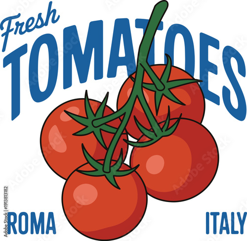 Fresh red tomatoes with green stems and leaves