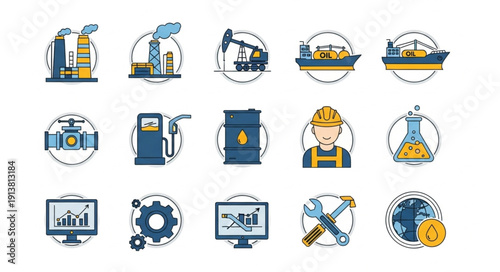 Industrial Icons Representing Energy and Manufacturing Sectors.