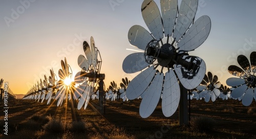 Dynamic Technological Solar Mirror Array Movement Tracking the Sun Creating Motion Blur on Reflected Light