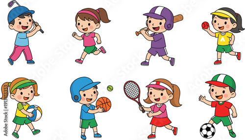 Colorful vector cartoon illustration set of cute children playing various sports including soccer baseball tennis golf and basketball for branding,