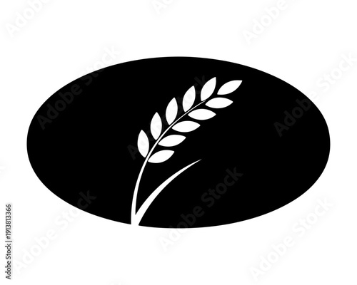 White Wheat or Rice Ear Icon in Black Oval Background - Simple Grain Logo