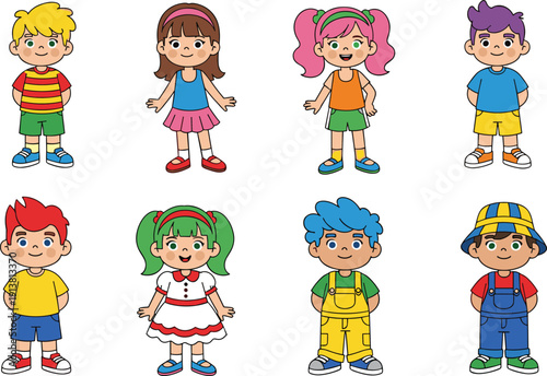 Diverse cartoon children collection, cute boy and girl characters set, colorful kids group vector, school pupils isolated on white background