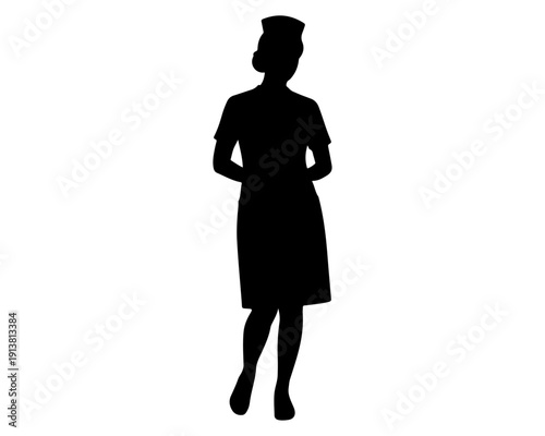 Full length black silhouette of a standing nurse isolated on white